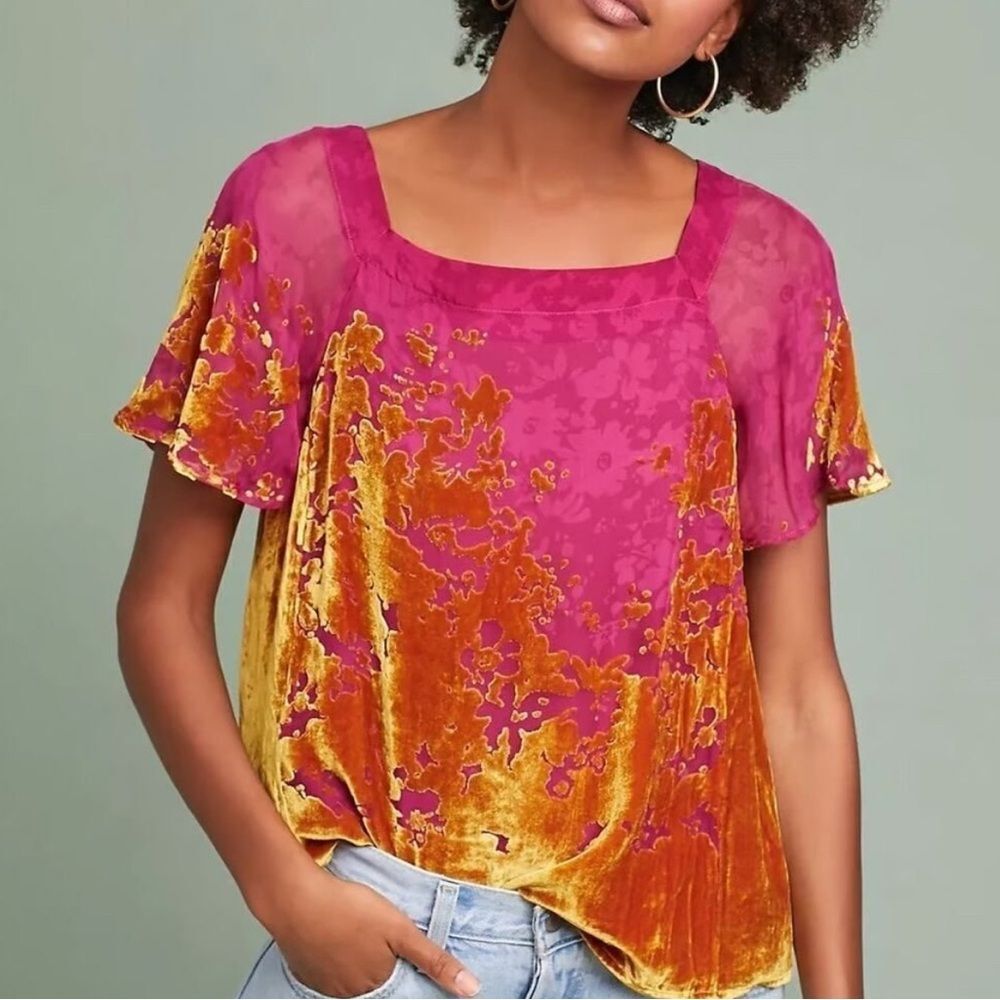 Anthropologie Maeve Fuchsia & Mustard Velvet Top  Boho Festival Hippie Indie XS
